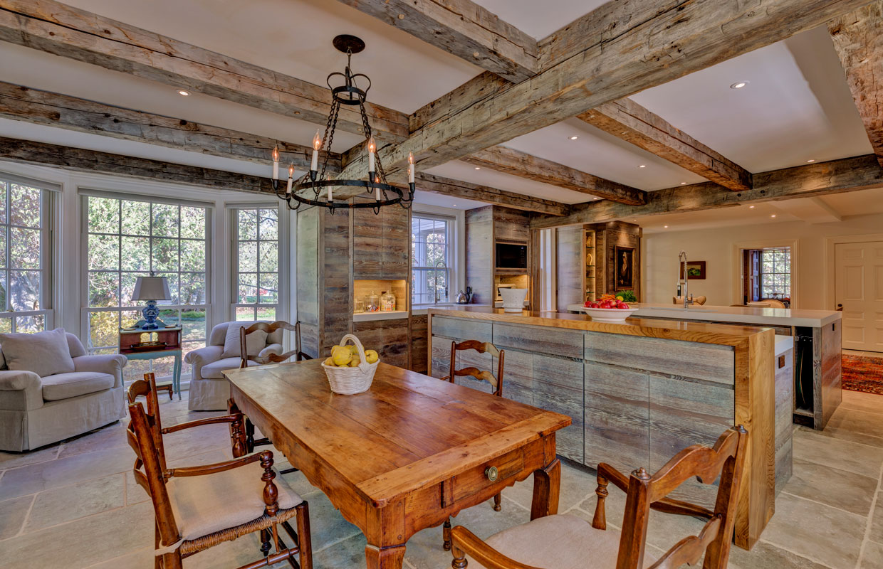 dining room with weathered wood exposed beams